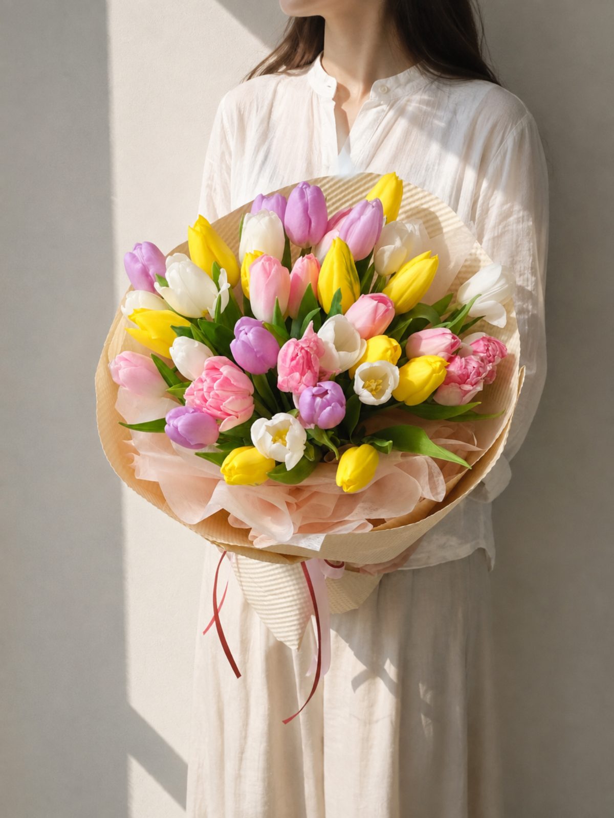 Bó tròn 40 bông Tulip Hà Lan Mix màu