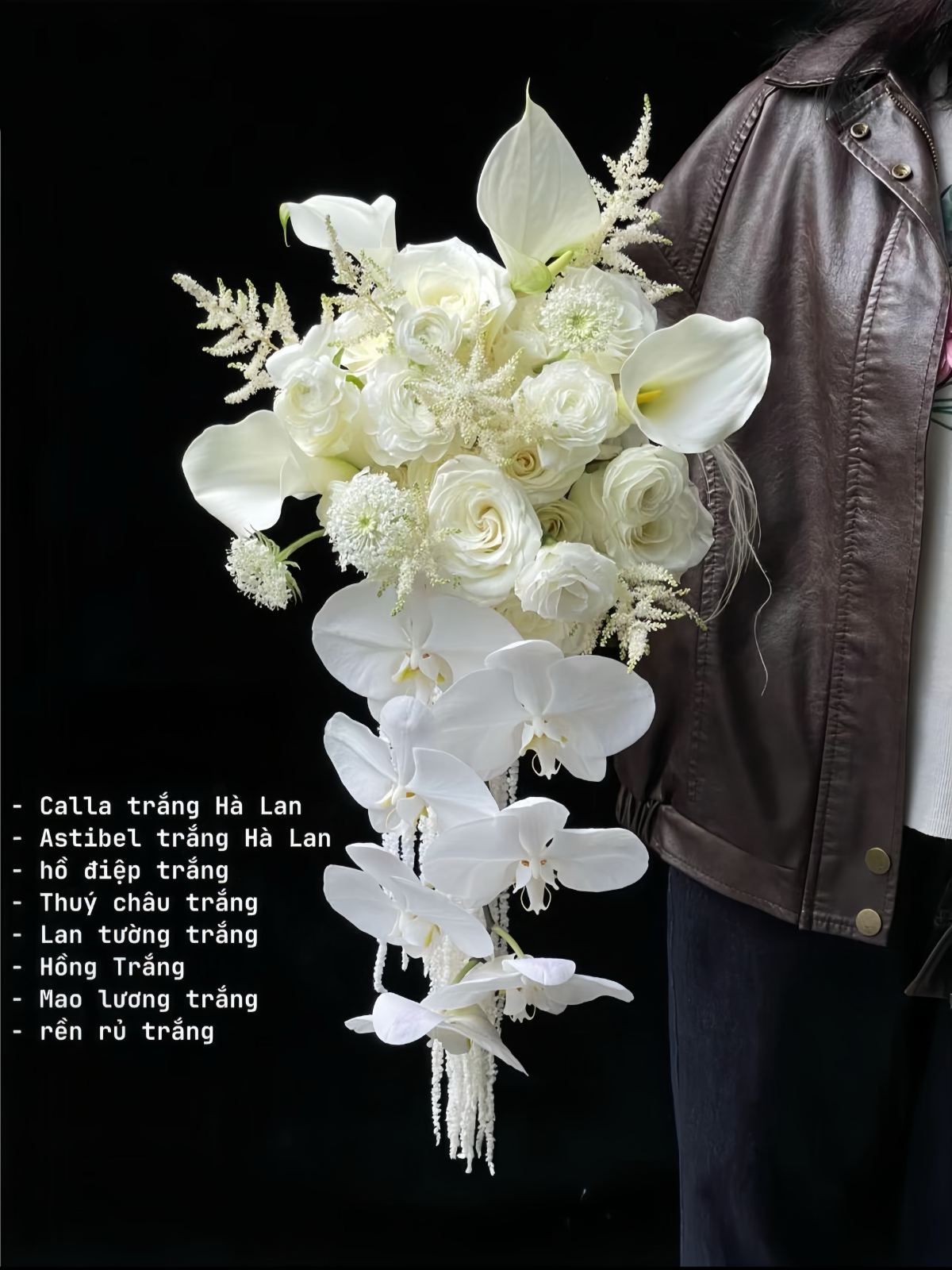 Bó hoa cưới Thác nước tone trắng